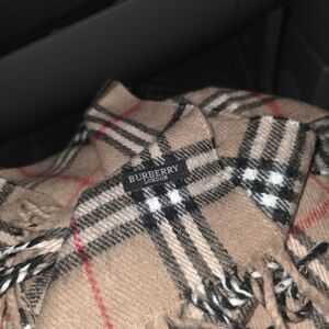 Burberry Tan Checkered Scarf with Red and Black Accents